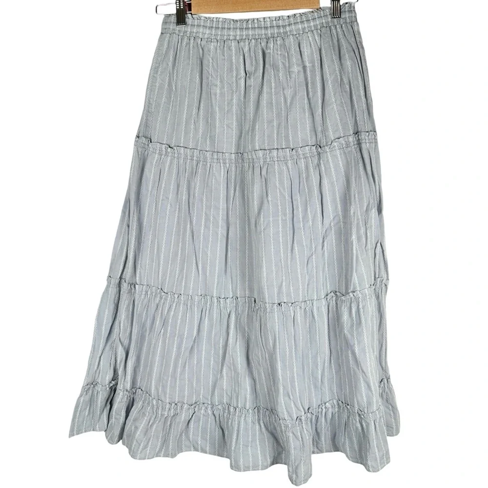 Madewell Blue Striped Pull-On Ruffle Tiered Cotton Maxi Skirt Women’s Size Small - Picture 3 of 8